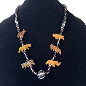 African Masai Hand Carved‎ Wooden Safari Animals Beaded Necklace